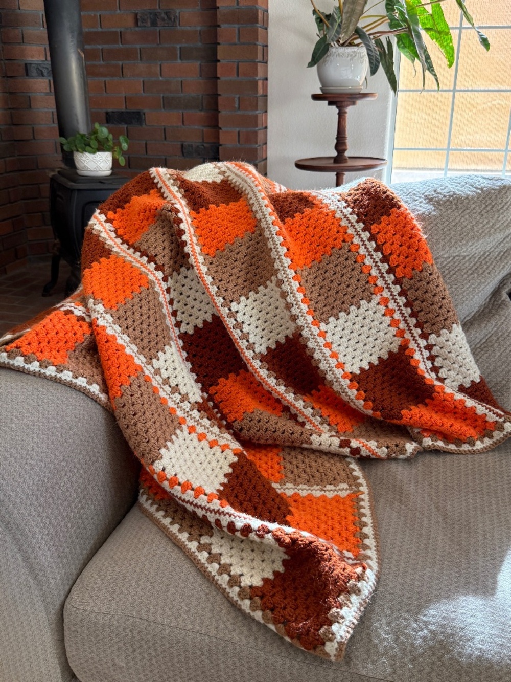 Handmade Crochet Afghan Blanket Earth Tone Chevron Zig Zag Large Couch Throw 70s
